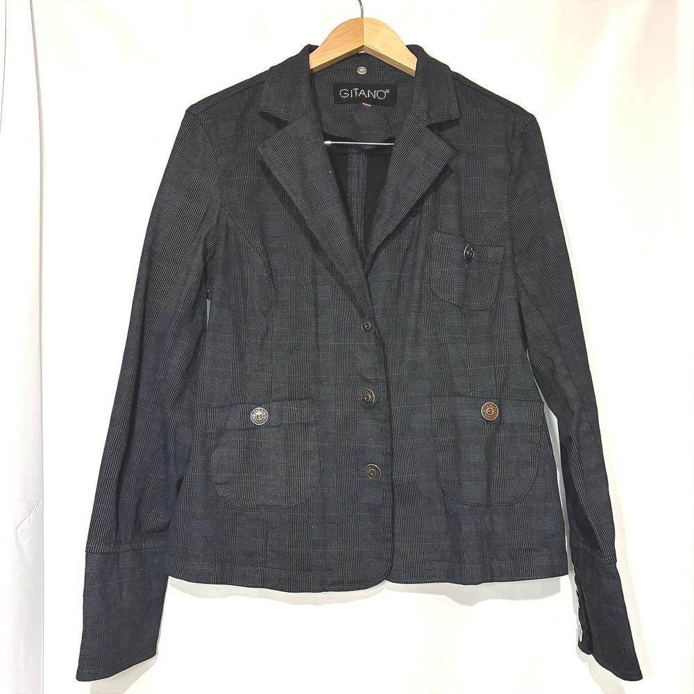 Vintage‎ Gitano Women Black Plaid Blazer Jacket Button Front Textured Cuffs GUC